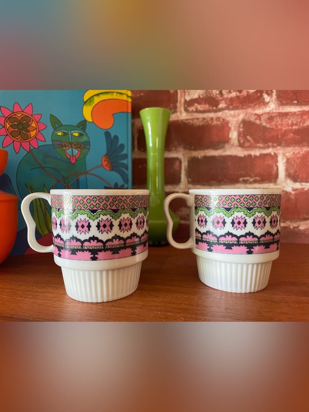Vintage Made in Japan Stacking Pink & Green Patterned Ceramic Mugs - Set of 2